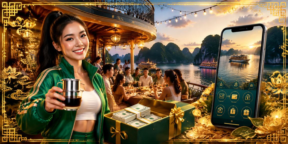 Người chơi thưởng thức cà phê và truy cập casino mobile tại vịnh Hạ Long