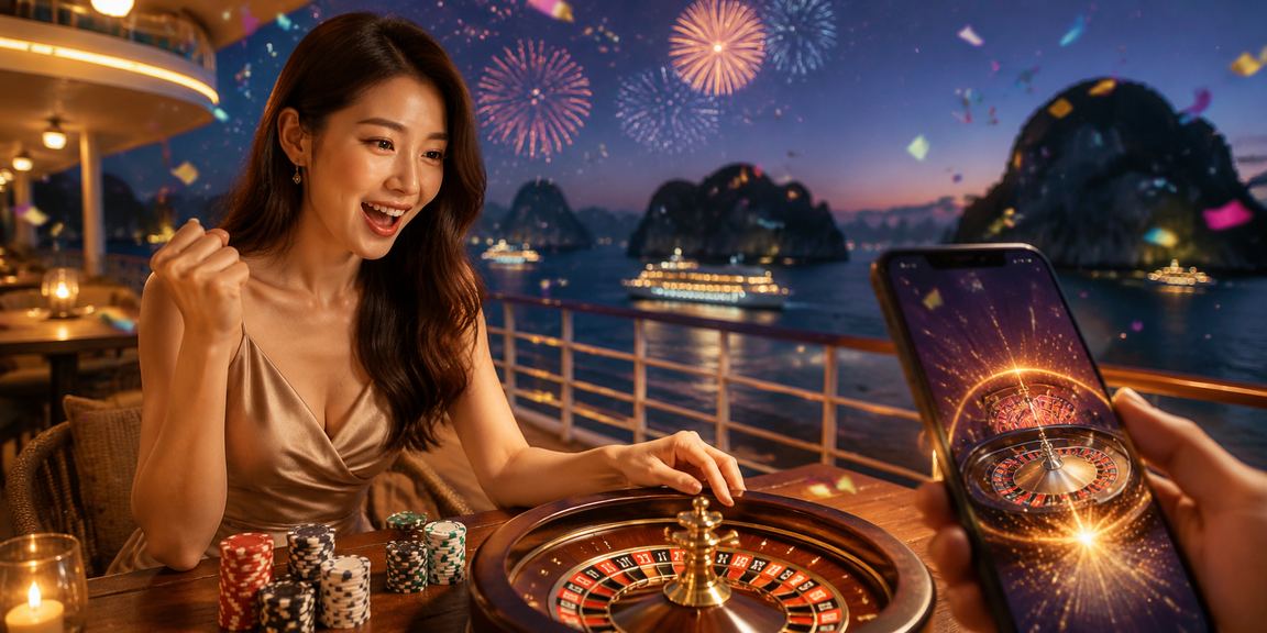 Khung cảnh vịnh Hạ Long với người dùng thư giãn và trải nghiệm giải trí trực tuyến bên cà phê