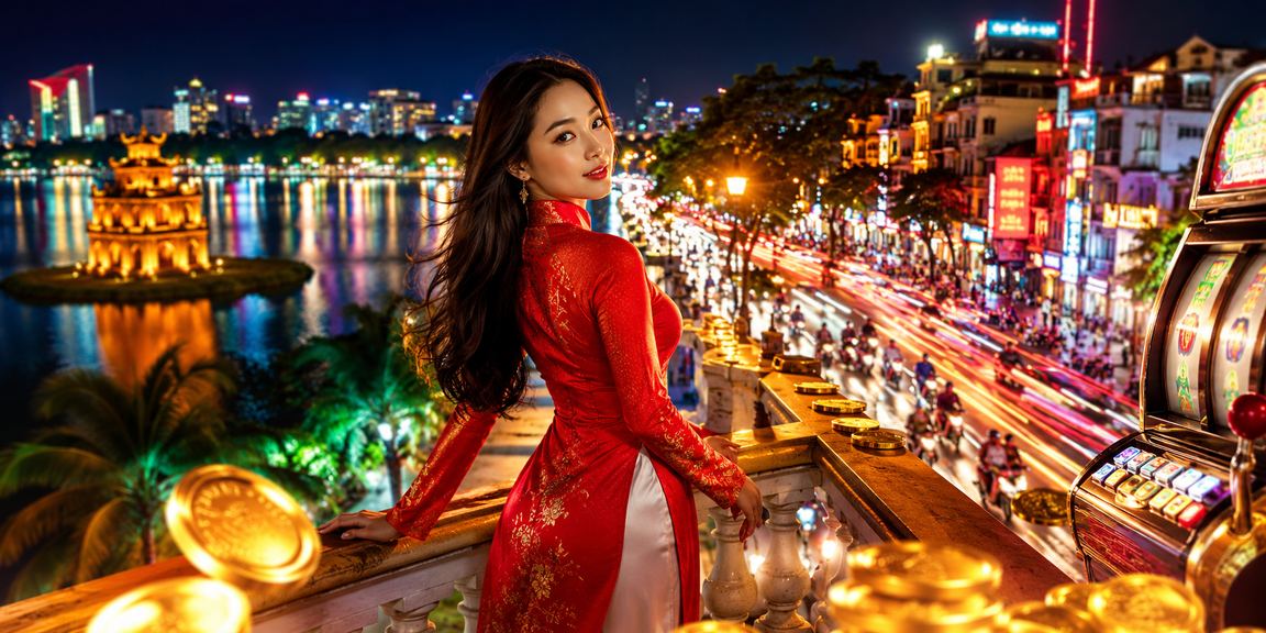 Người phụ nữ mặc áo dài Hà Nội trải nghiệm game slot trên thiết bị màn hình cảm ứng