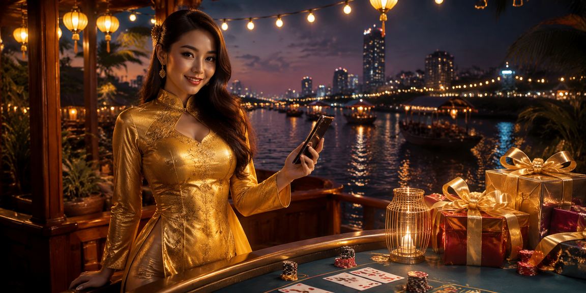 Phụ nữ mặc áo dài bên bờ sông Mekong trải nghiệm Baccarat casino trực tuyến